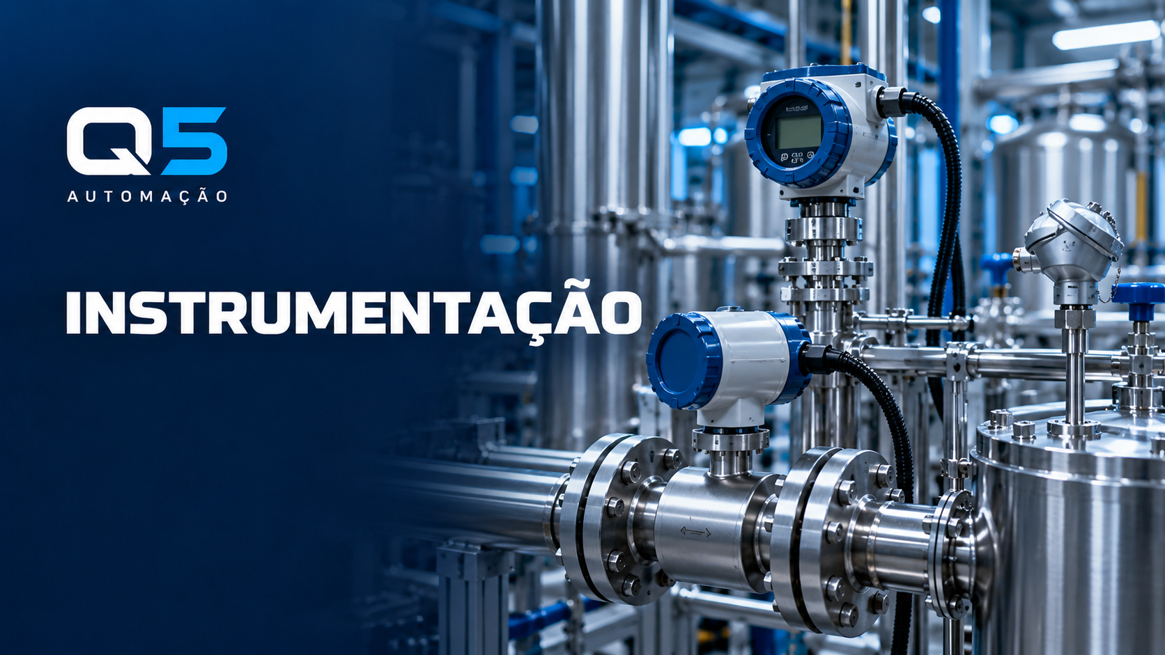 Arte Q5 Instrumentação com transmissores, indicadores e tubulações industriais em aço inoxidável.