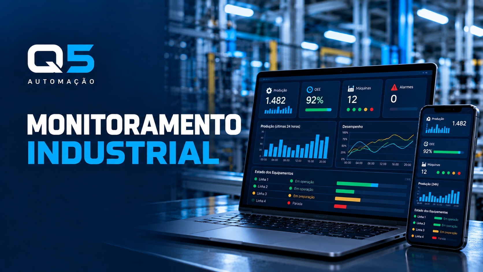 Arte Q5 Monitoramento Industrial com notebook e celular exibindo painéis ilustrativos de acompanhamento da produção.