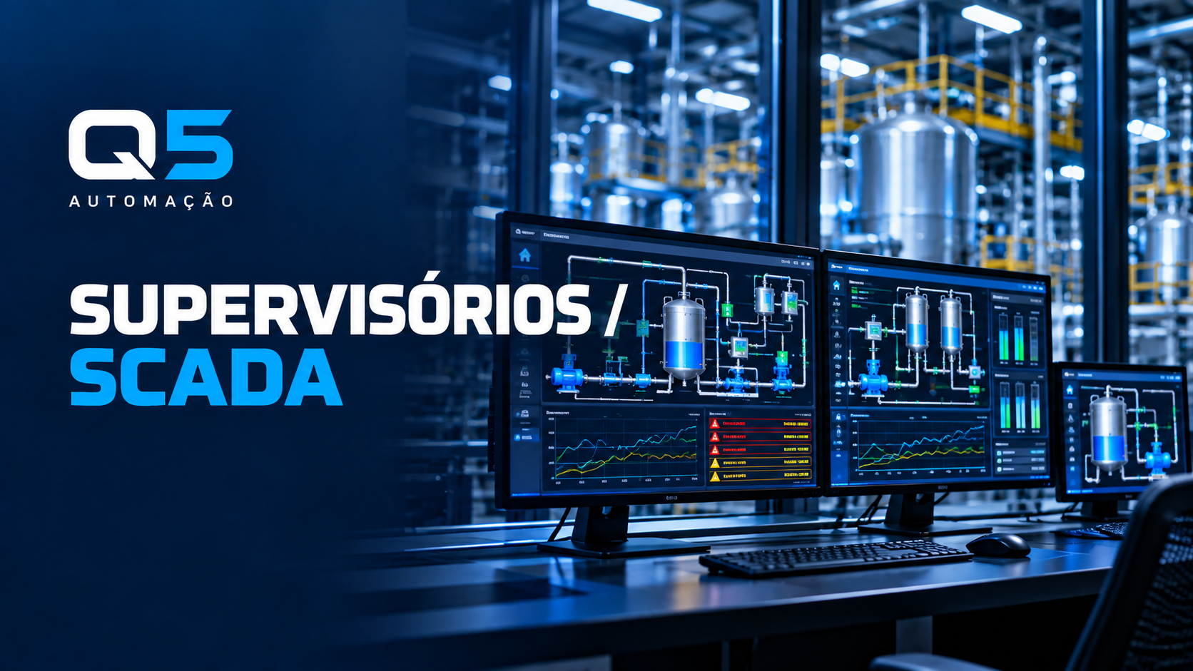 Arte Q5 Supervisórios SCADA com estação de controle e monitores exibindo sinóticos, tendências e alarmes ilustrativos.